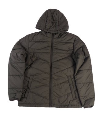 Beyaz arka planda izole edilmiş kapüşonlu bir erkek hakki ceketi. Rüzgarlık ceketli üst manzara. Sıradan stil