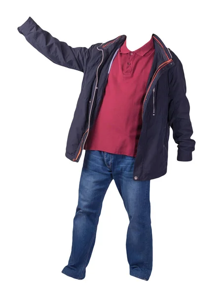 Giacca Blu Camicia Rosso Scuro Jeans Blu Isolati Sfondo Bianco — Foto Stock