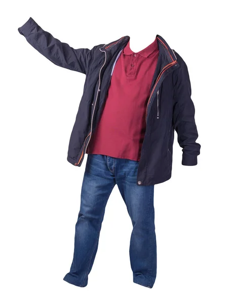 Veste Bleue Chemise Rouge Foncé Jeans Bleus Isolés Sur Fond — Photo