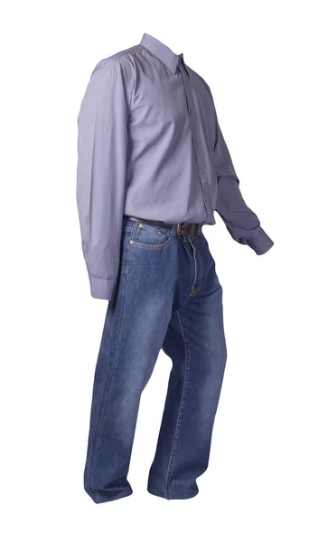 Chemise Homme Gris Violet Manches Longues Jean Bleu Isolé Sur — Photo