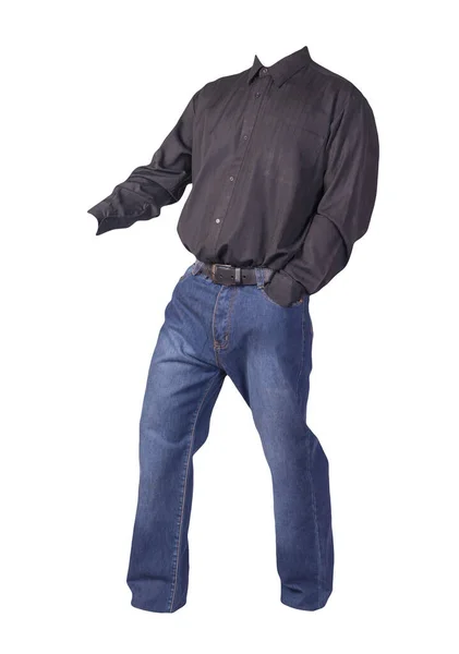 Chemise Noire Homme Manches Longues Jean Bleu Isolé Sur Fond — Photo