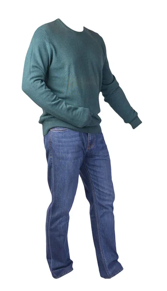 Men Dark Green Sweater Blue Jeans Isolated White Background Casual — Stock Photo, Image