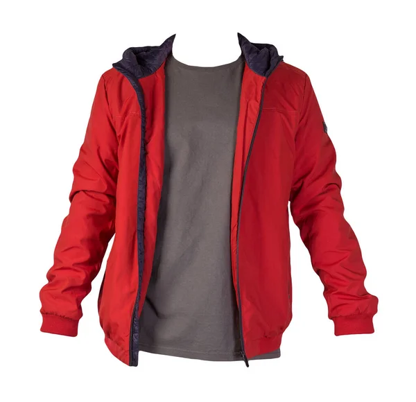 赤いジッパージャケットとグレーのTシャツは白い背景に隔離されています カジュアルスタイル — ストック写真
