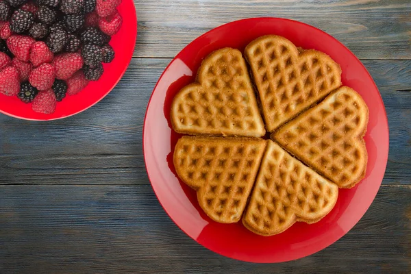 Belgian Waffles Fruits Blue Wooden Background Waffles Red Plate Top — Stock Photo, Image