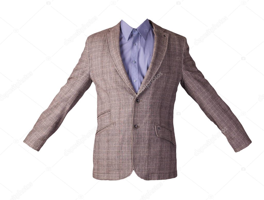 men beige jacket with buttons with purple shirt isolated on a white background. Casual style
