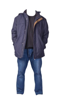 blue jacket,black sweater and blue jeans isolated on white background. casual fashion clothes
