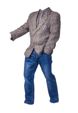 Gri çizgili gömlekli gri ceketli ve beyaz arka planda izole edilmiş kot pantolonlu adamlar. günlük biçim