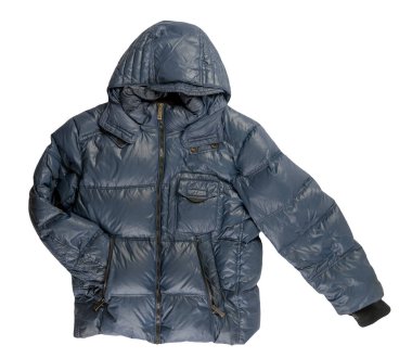 Beyaz arka planda izole edilmiş mavi erkek ceketi. Rüzgarlık ceketli üst manzara. Sıradan stil