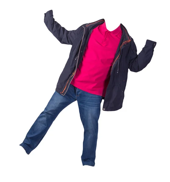 Blue Jacket Crimson Shirt Blue Jeans Isolated White Background Casual — 스톡 사진