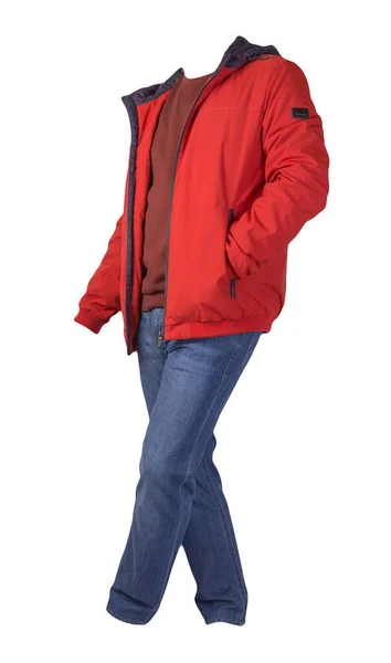 Jaqueta Laranja Com Zíper Suéter Vermelho Escuro Jeans Azul Isolado — Fotografia de Stock