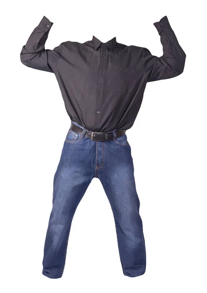 Män Svart Skjorta Och Blå Jeans Isolerad Vit Bakgrund Vardagskläder — Stockfoto