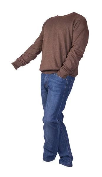 Männer Braunen Pullover Und Blaue Jeans Isoliert Auf Weißem Hintergrund — Stockfoto