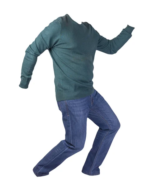 男式深绿色毛衣和蓝色牛仔裤 背景为白色 休闲装 — 图库照片