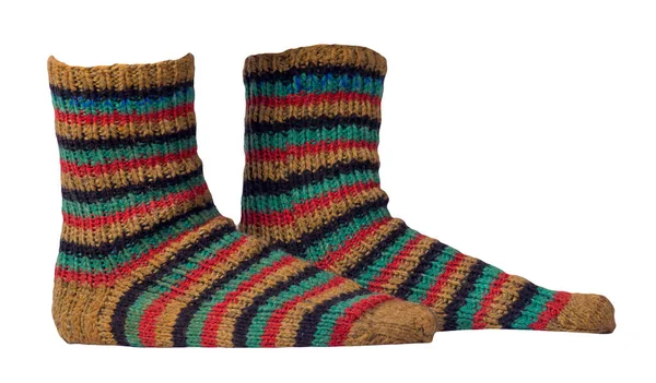 Woolen Yellow Black Turquoise Red Striped Socks Isolated White Background — 스톡 사진