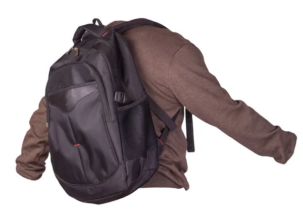 Schwarzer Rucksack Bekleidet Mit Einem Strickpullover Braun Isoliert Auf Weißem — Stockfoto