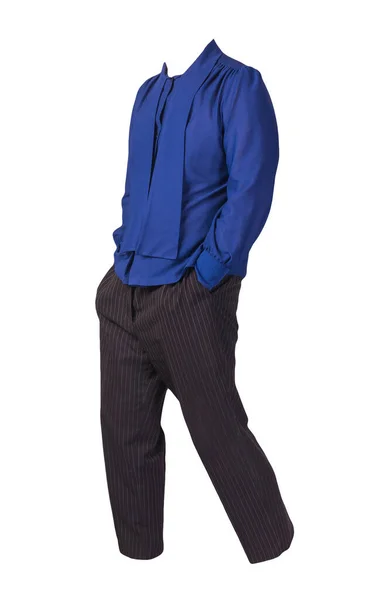 Damskie Czarne Spodnie Niebieską Bluzką Izolowane Białym Tle Fashion Ubrania — Zdjęcie stockowe