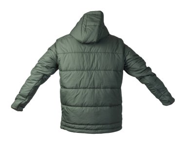 Beyaz arka planda izole edilmiş kapüşonlu koyu yeşil ceketli adamlar. Rüzgarlık ceketi. Sıradan stil