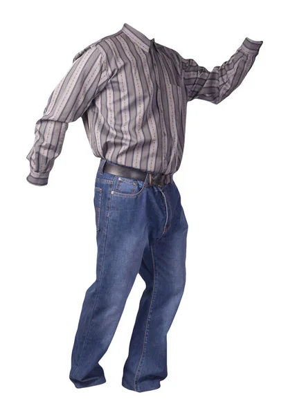 男人的灰色条纹衬衫和蓝色牛仔裤与白色背景隔离 休闲装 — 图库照片
