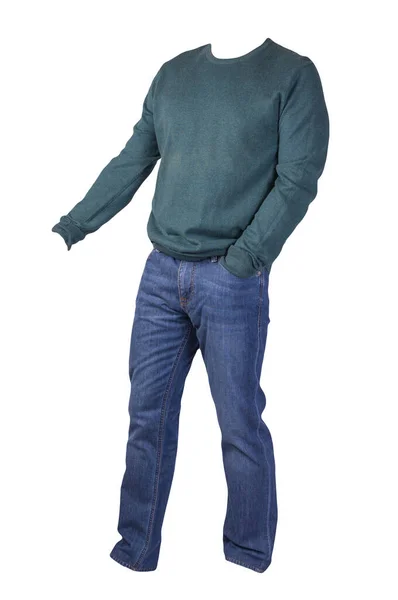 Men Dark Green Sweater Blue Jeans Isolated White Background Casual — Stock Photo, Image