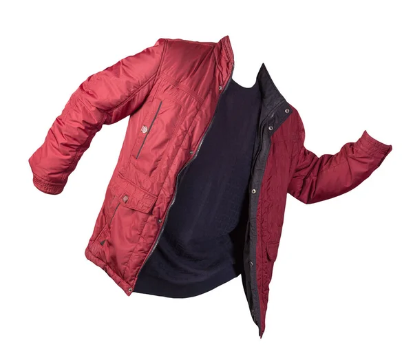 Piros Kabát Sötétkék Pulóver Elszigetelt Fehér Hátterű Bologna Kabát Gyapjú — Stock Fotó