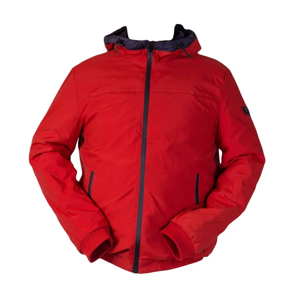 フードが白い背景に隔離されたジッパー付き男性の赤いジャケット ウインドブレーカージャケット カジュアルスタイル — ストック写真