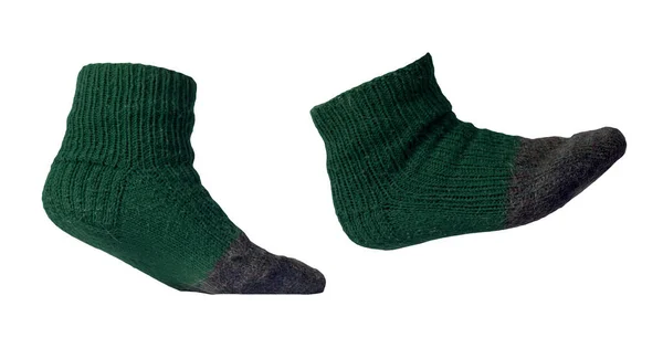 Dunkelgrüne Wollsocken Graue Socken Isoliert Auf Weißem Hintergrund Winterzubehör — Stockfoto