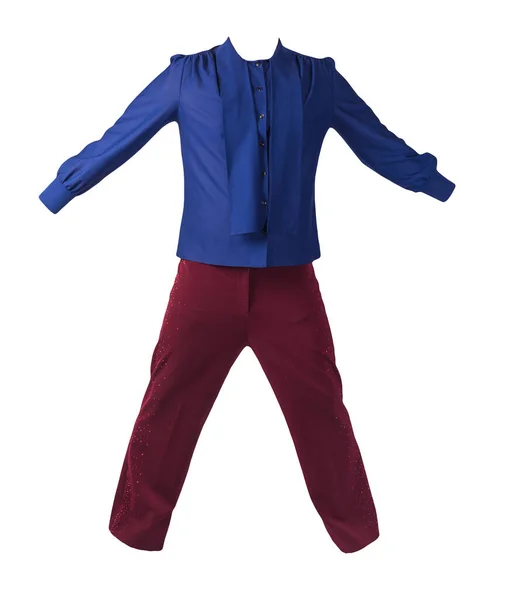 Pantaloni Rosso Scuro Delle Donne Con Camicetta Blu Isolato Sfondo — Foto Stock