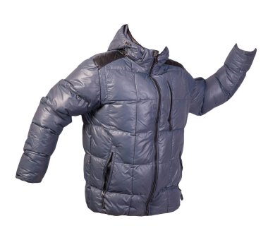 Beyaz arka planda izole edilmiş kapüşonlu erkek mavi ceketi. Rüzgarlık ceketi. Sıradan stil