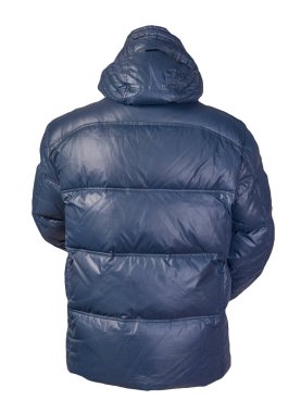 Beyaz arka planda izole edilmiş kapüşonlu erkek mavi ceketi. Rüzgarlık ceketi. Sıradan stil