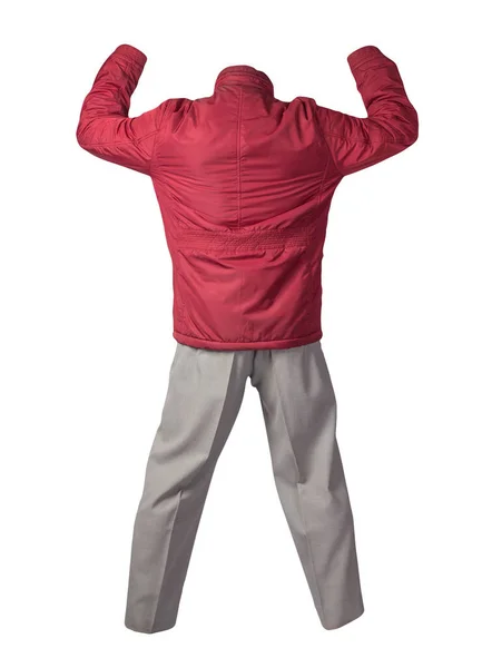 Jaqueta Vermelha Masculina Calças Cinza Claro Isolado Fundo Branco Roupas — Fotografia de Stock