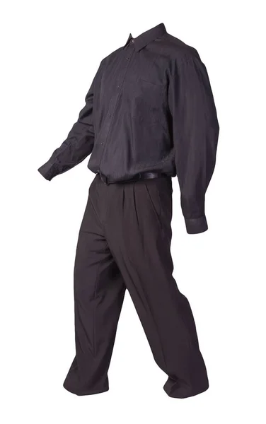 Män Svart Skjorta Och Svarta Byxor Isolerad Vit Bakgrund Mode — Stockfoto