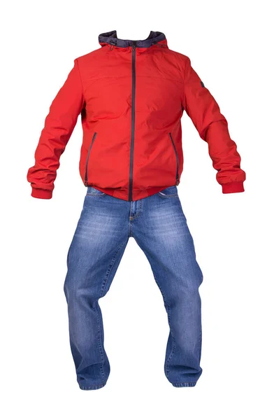 Veste Homme Rouge Jeans Bleus Isolés Sur Fond Blanc Vêtements — Photo