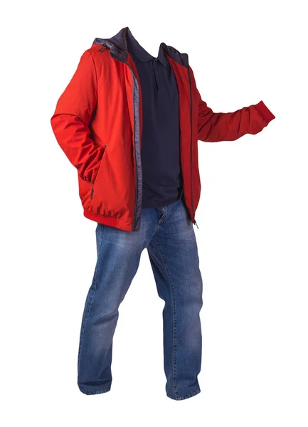Червона Куртка Блискавкою Темно Синя Сорочка Сині Джинси Ізольовані Білому — стокове фото