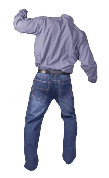 Männer Lila Hemd Und Blaue Jeans Auf Weißem Hintergrund Freizeitkleidung — Stockfoto