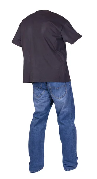 Camiseta Preta Masculina Jeans Azuis Isolados Roupas Brancas Background Casual — Fotografia de Stock