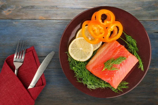 Red Fish Trout Fillets Brown Plate Fork Knife Top View — Stock Photo, Image