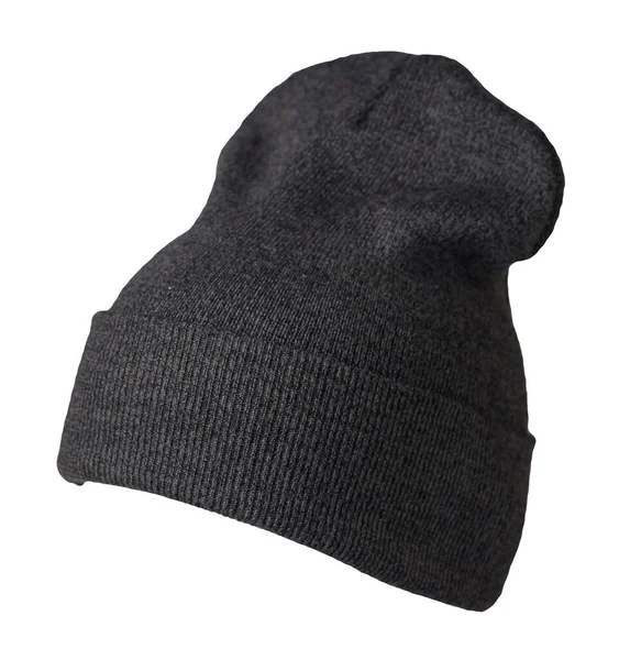 Cappello Grigio Scuro Lavorato Maglia Isolato Uno Sfondo Bianco Accessorio — Foto Stock