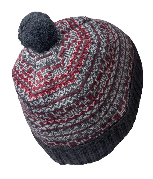 Cappello Grigio Rosso Grafite Lavorato Maglia Isolato Sfondo Bianco Hat — Foto Stock