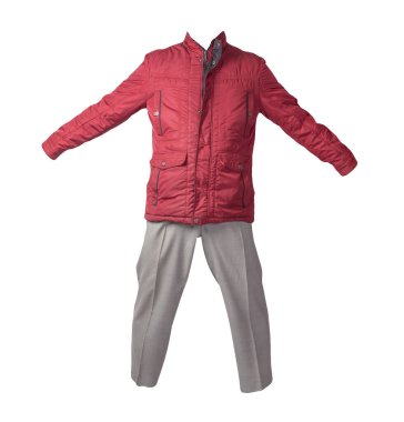 Beyaz arka planda kırmızı ceketli ve açık gri pantolonlu erkekler. Erkek sonbahar kıyafetleri.