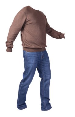 Beyaz arka planda izole edilmiş erkek kazağı ve mavi kot pantolon. Günlük kıyafetler.