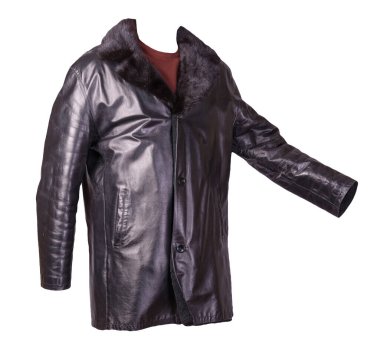 Deri erkek koyun derisi ceket, kırmızı süveter, beyaz arka planda izole. Kürklü siyah deri erkek ceketi.