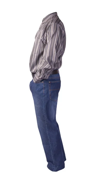 Camisa Listrada Cinza Dos Homens Calça Jeans Azul Isolado Fundo — Fotografia de Stock