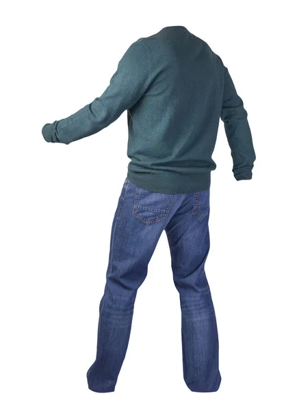 男式深绿色毛衣和蓝色牛仔裤 背景为白色 休闲装 — 图库照片