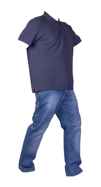 Shirt Homme Bleu Foncé Avec Col Boutonné Jean Bleu Isolé — Photo