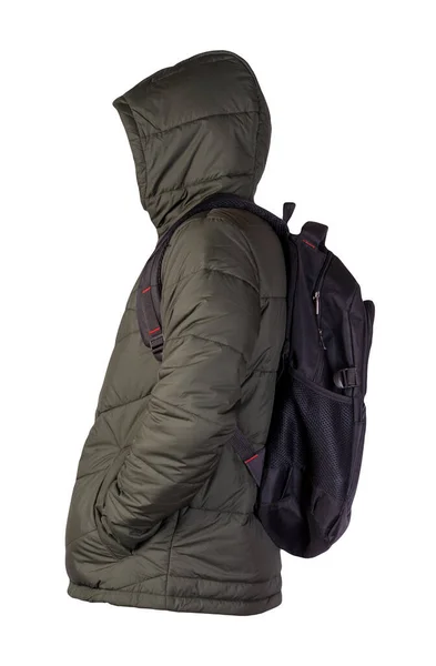 Schwarzer Rucksack Bekleidet Mit Einer Hakki Jacke Auf Weißem Hintergrund — Stockfoto