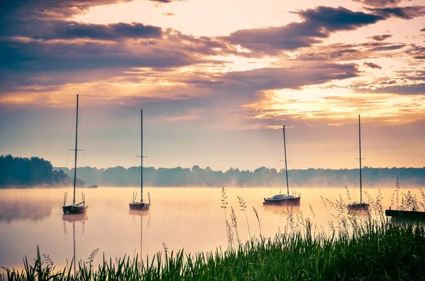 Barcos en el lago brumoso . Imágenes De Stock Sin Royalties Gratis