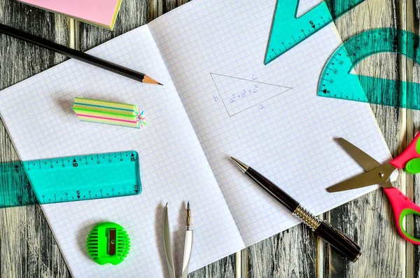 Various School Supplies Notebook Mathematical Accessories — Stock Photo, Image