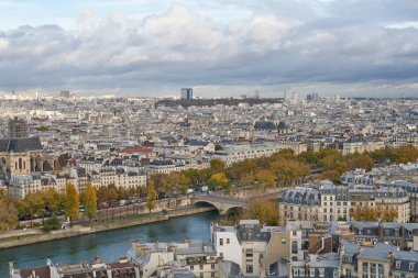 Paris 'in panoramik manzarası ve Fransa' nın Notre Dame katedralinin çatısından Seine nehri manzarası. Hava bulutlu. Sonbahar.      