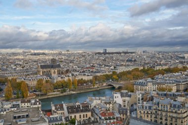 Paris 'in panoramik manzarası ve Fransa' nın Notre Dame katedralinin çatısından Seine nehri manzarası. Hava bulutlu. Sonbahar.      