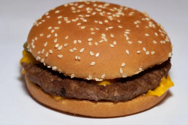 Fresh Burger Beef Cheese Sesame Seeds White Background — Stock Photo, Image